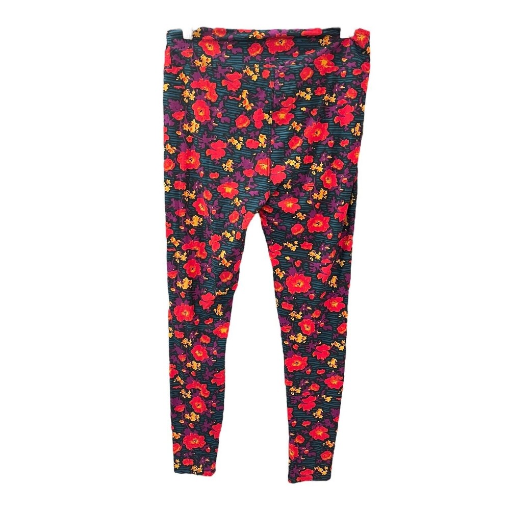 LuLaRoe TC Legging Red Yellow Purple Teal Flower Leaf Striped Whimsical Bold